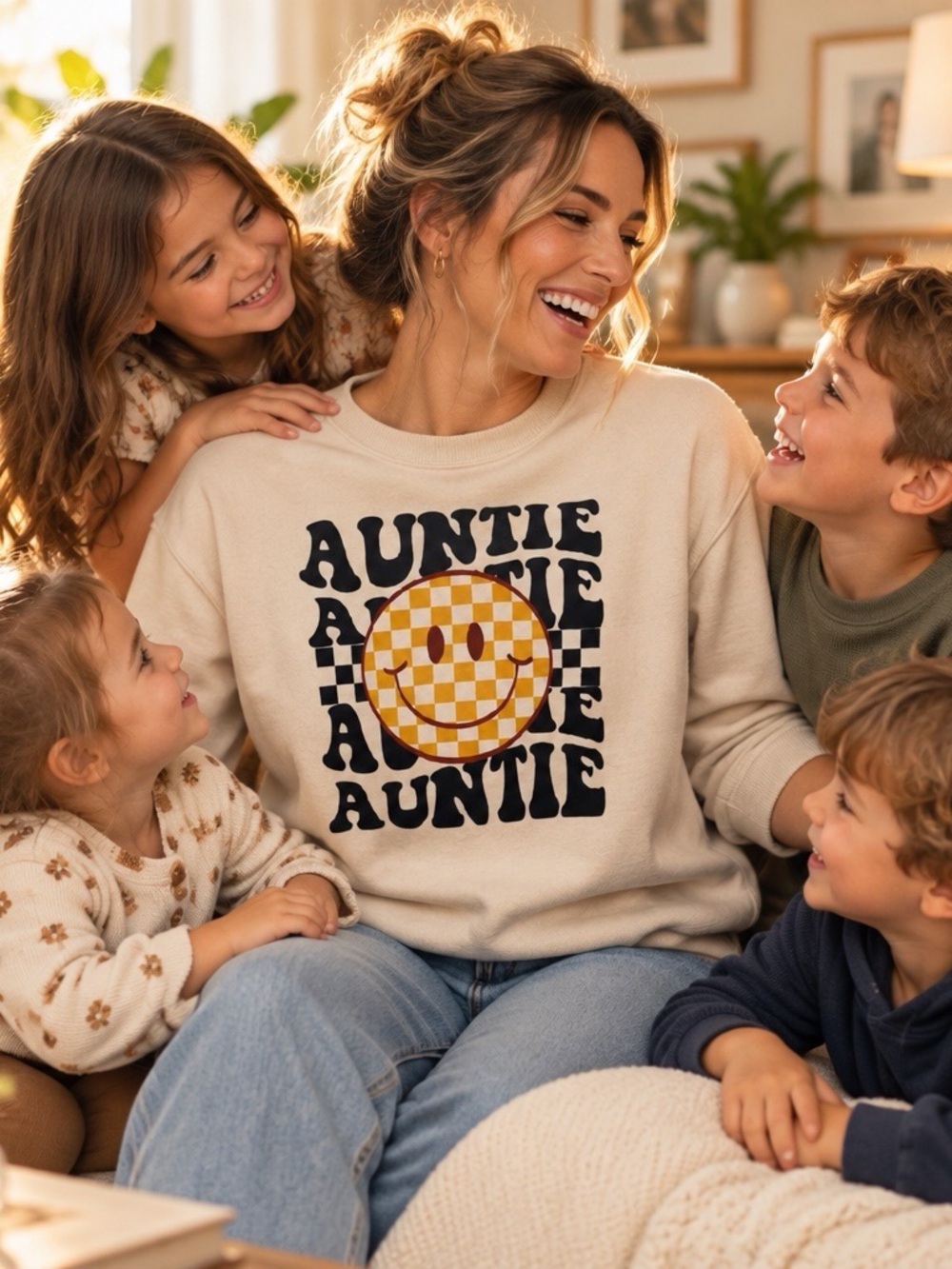 STAFAZ Auntie Retro Smiley Checkerboard Graphic Sweatshirt Medium